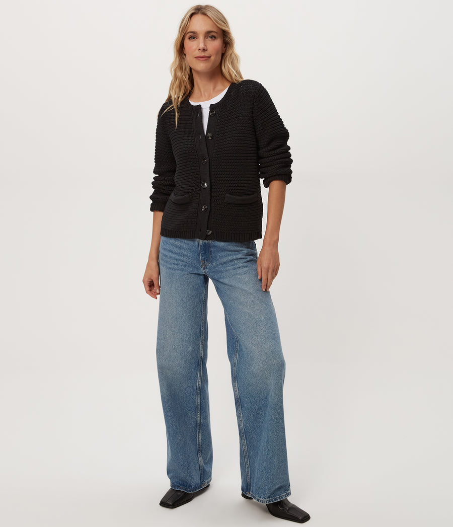 Kaden Crewneck Cardigan in Black Full Body View #BLACK