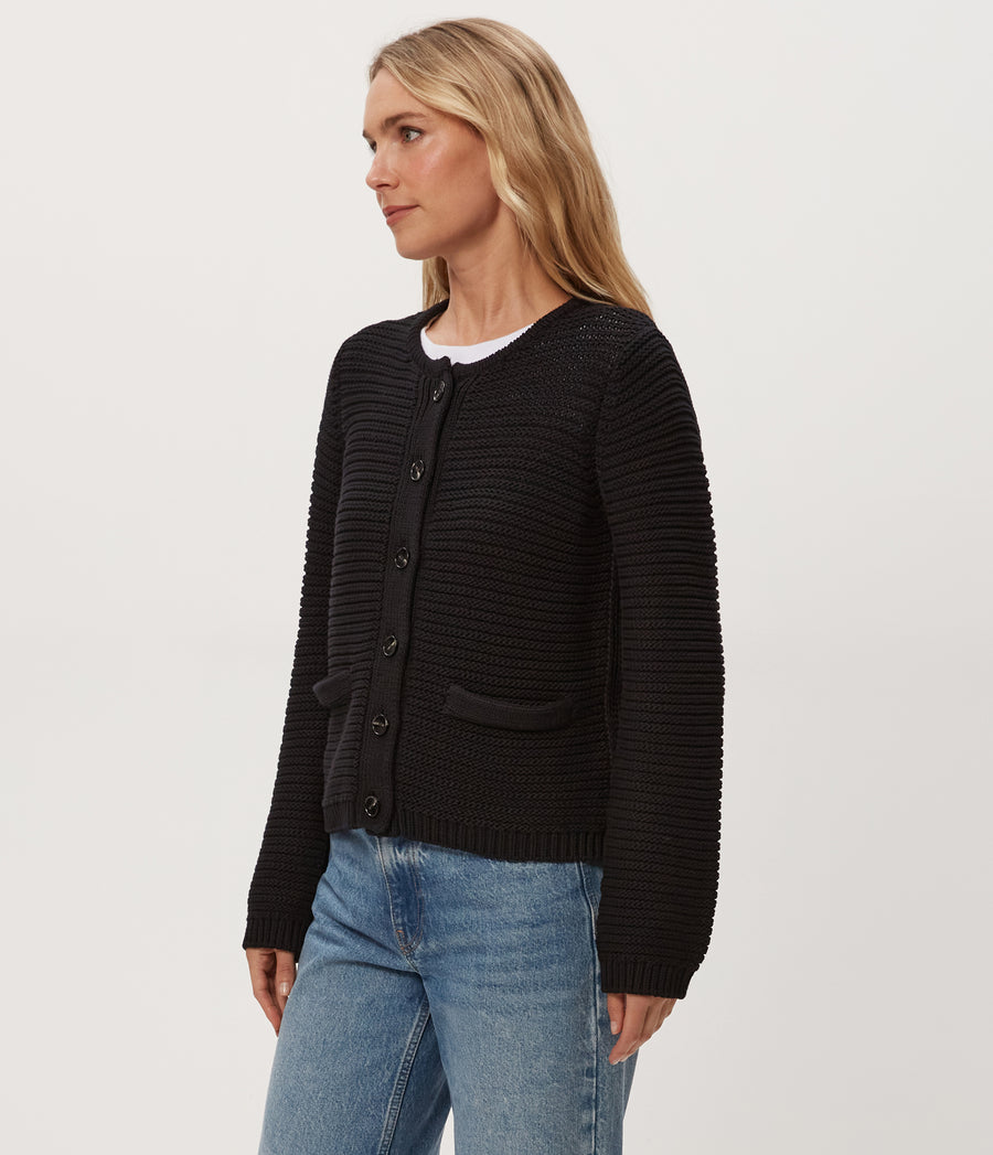 Kaden Crewneck Cardigan in Black Side View #BLACK