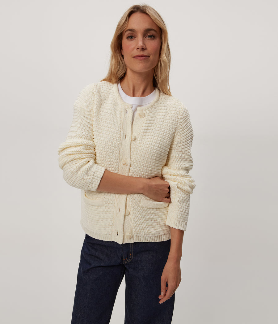 Kaden Crewneck Cardigan in Ivory White Close up View #IVORY
