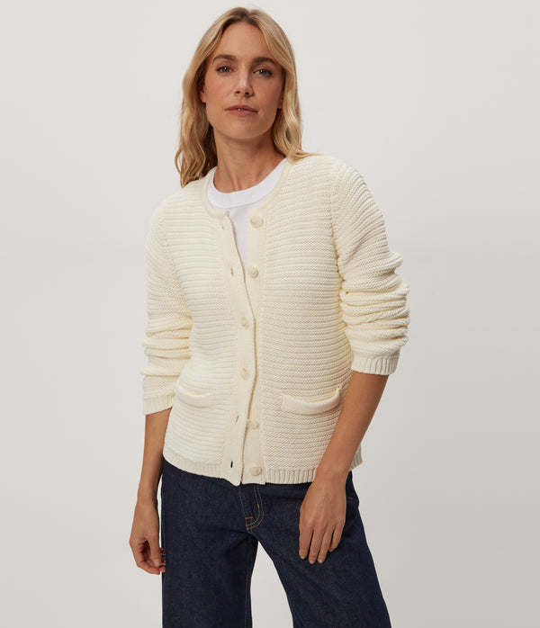 Kaden Crewneck Cardigan in Ivory White Full Body View #IVORY