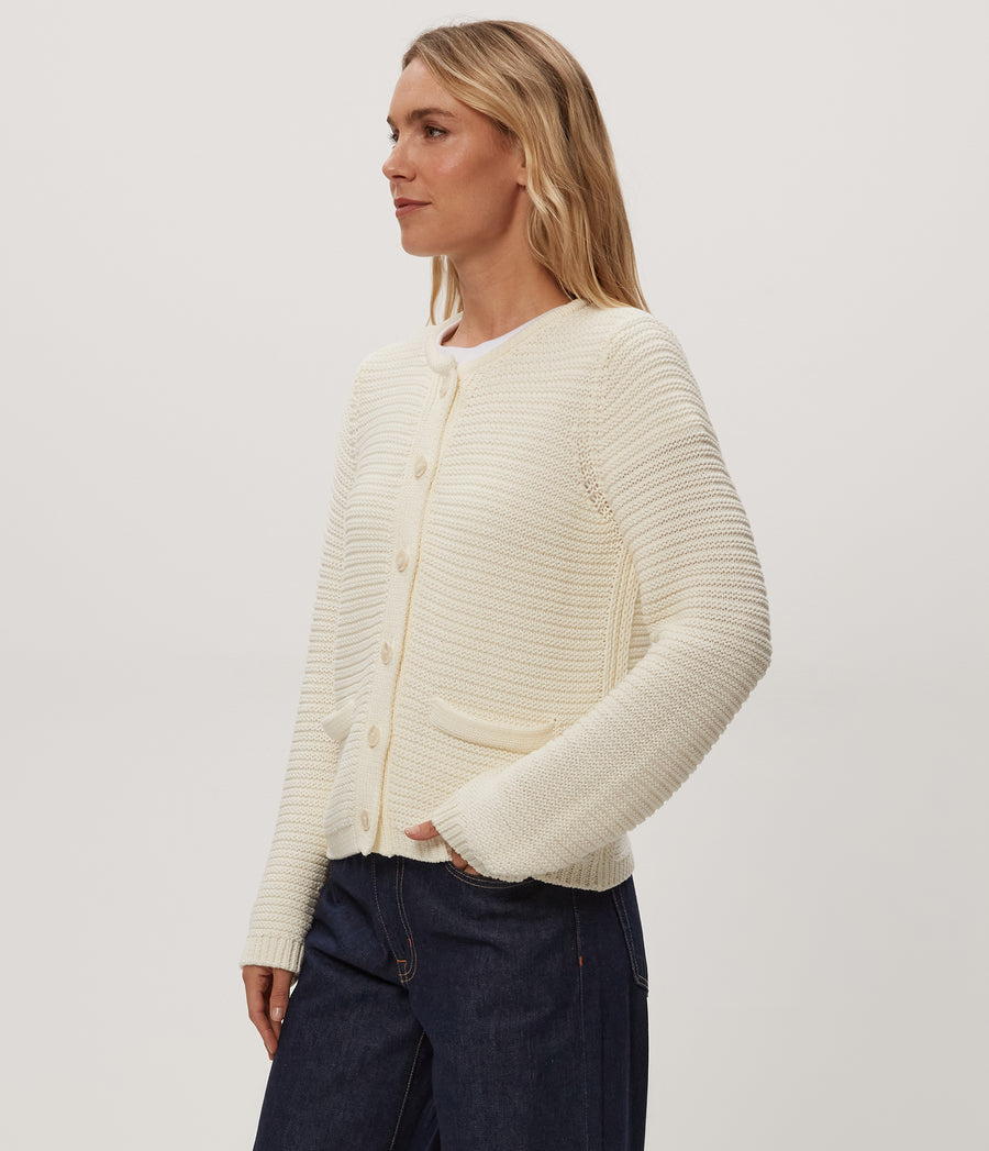 Kaden Crewneck Cardigan in Ivory White Side View #IVORY