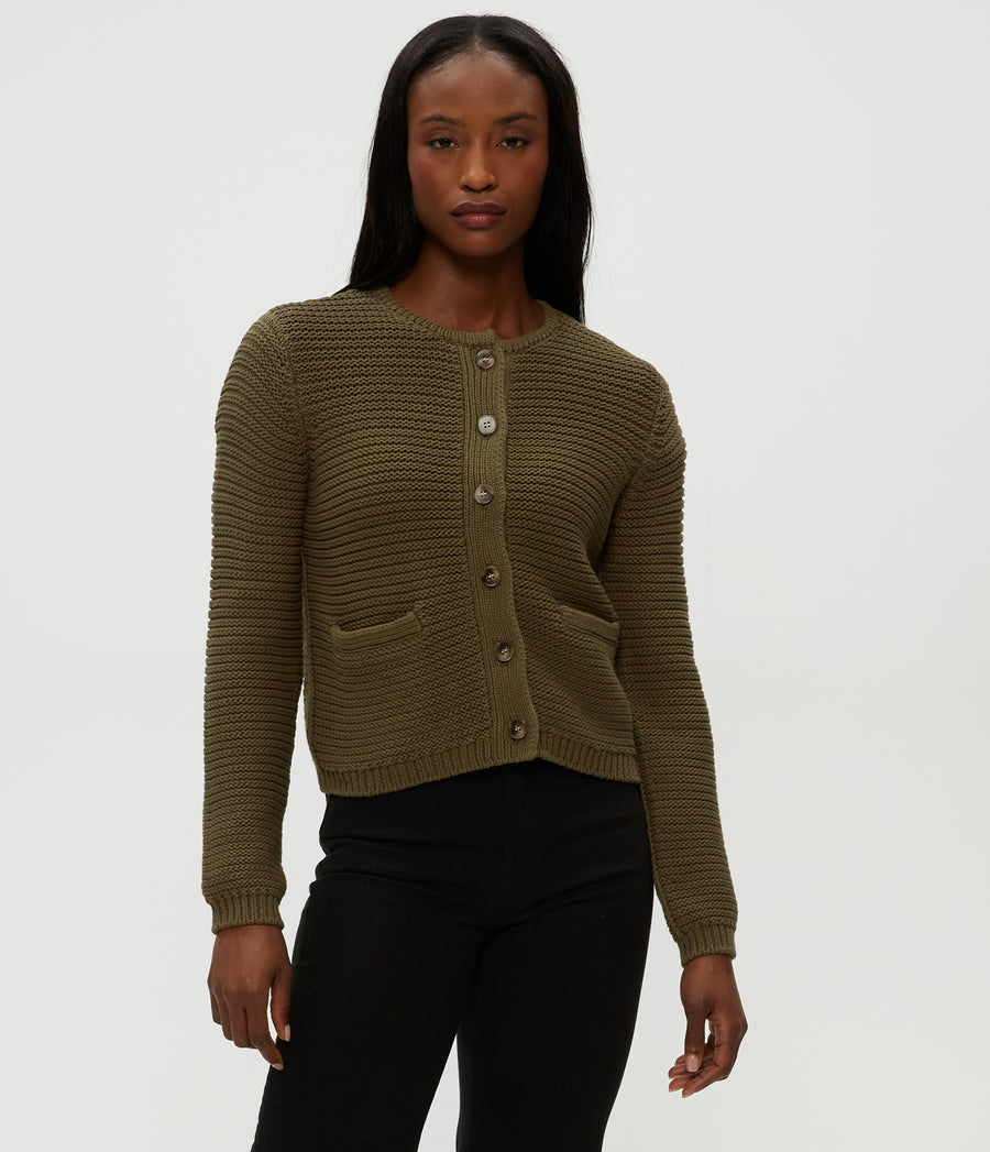 Kaden Crewneck Cardigan in Olive Green Close up View #OLIVE
