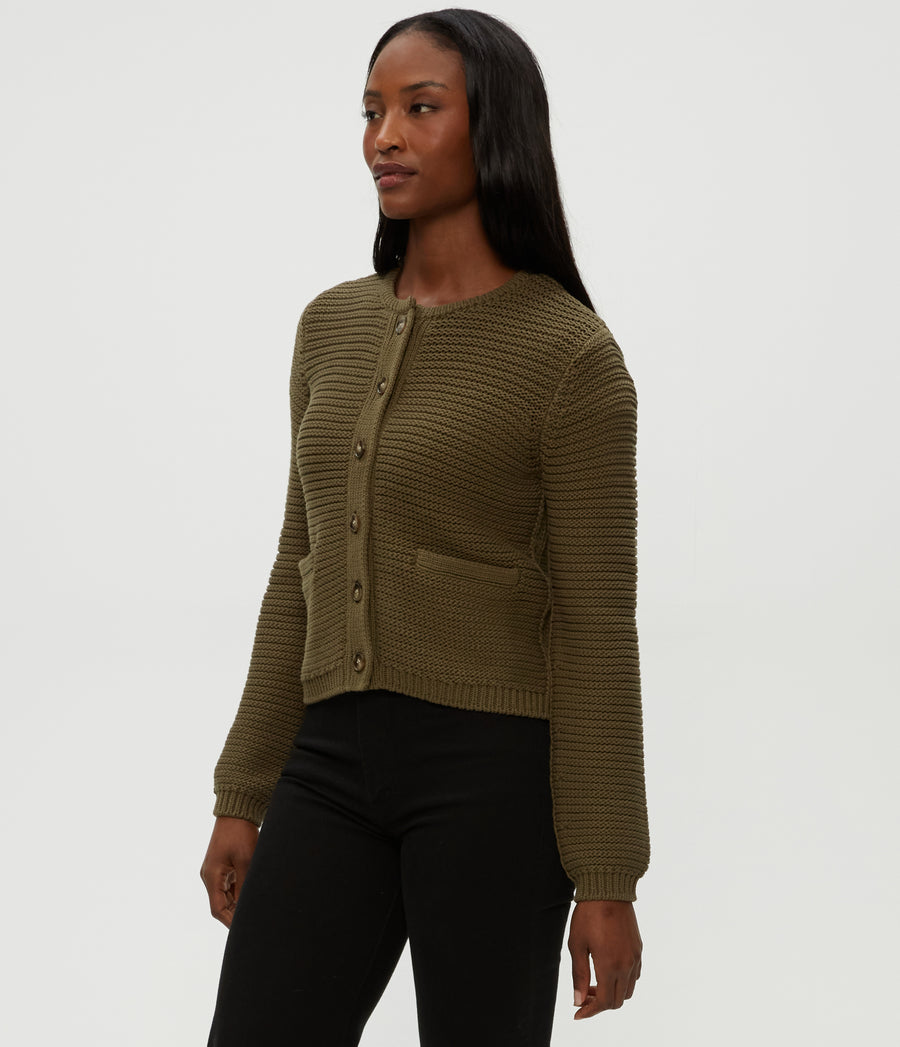 Kaden Crewneck Cardigan in Olive Green Side View #OLIVE
