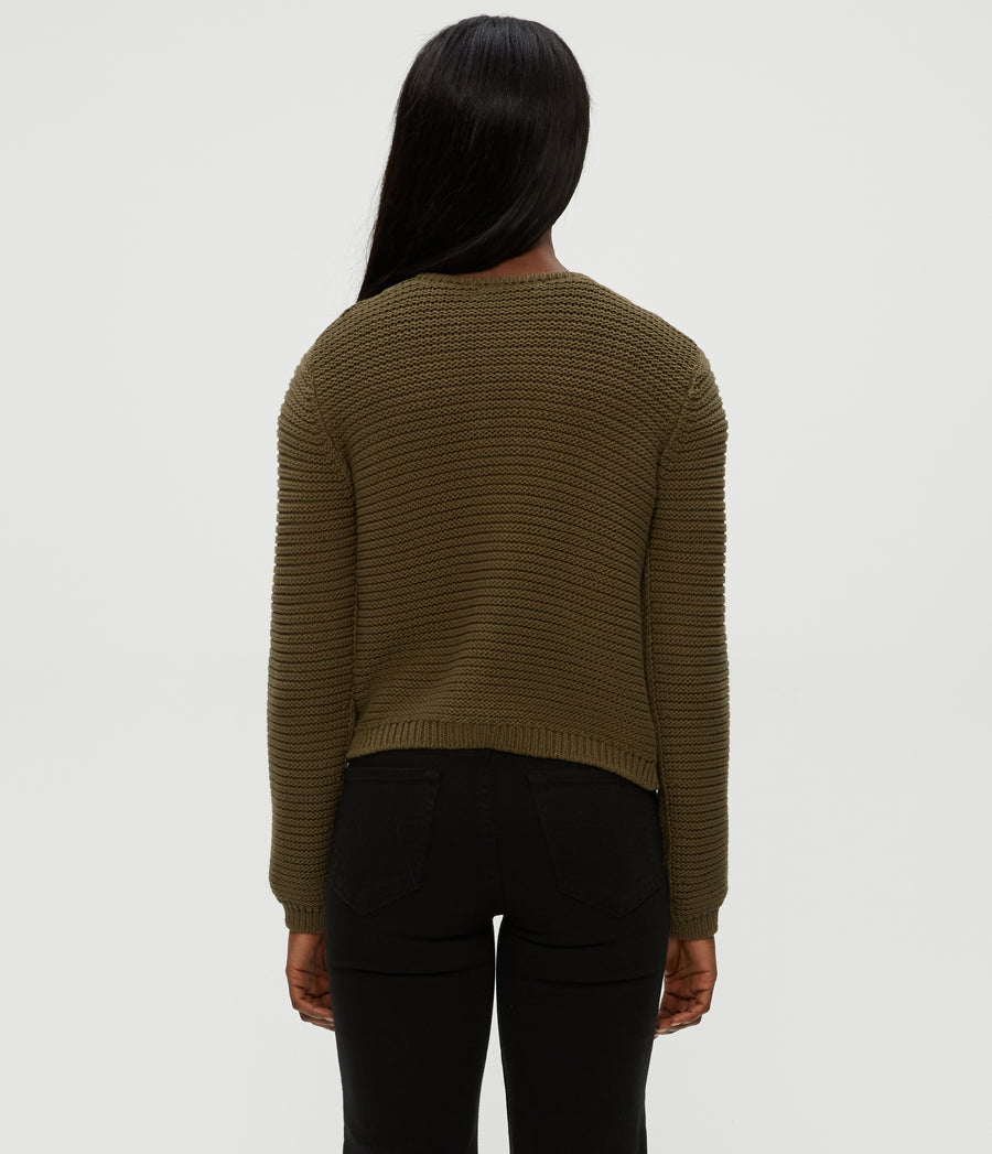 Kaden Crewneck Cardigan in Olive Green Back View #OLIVE