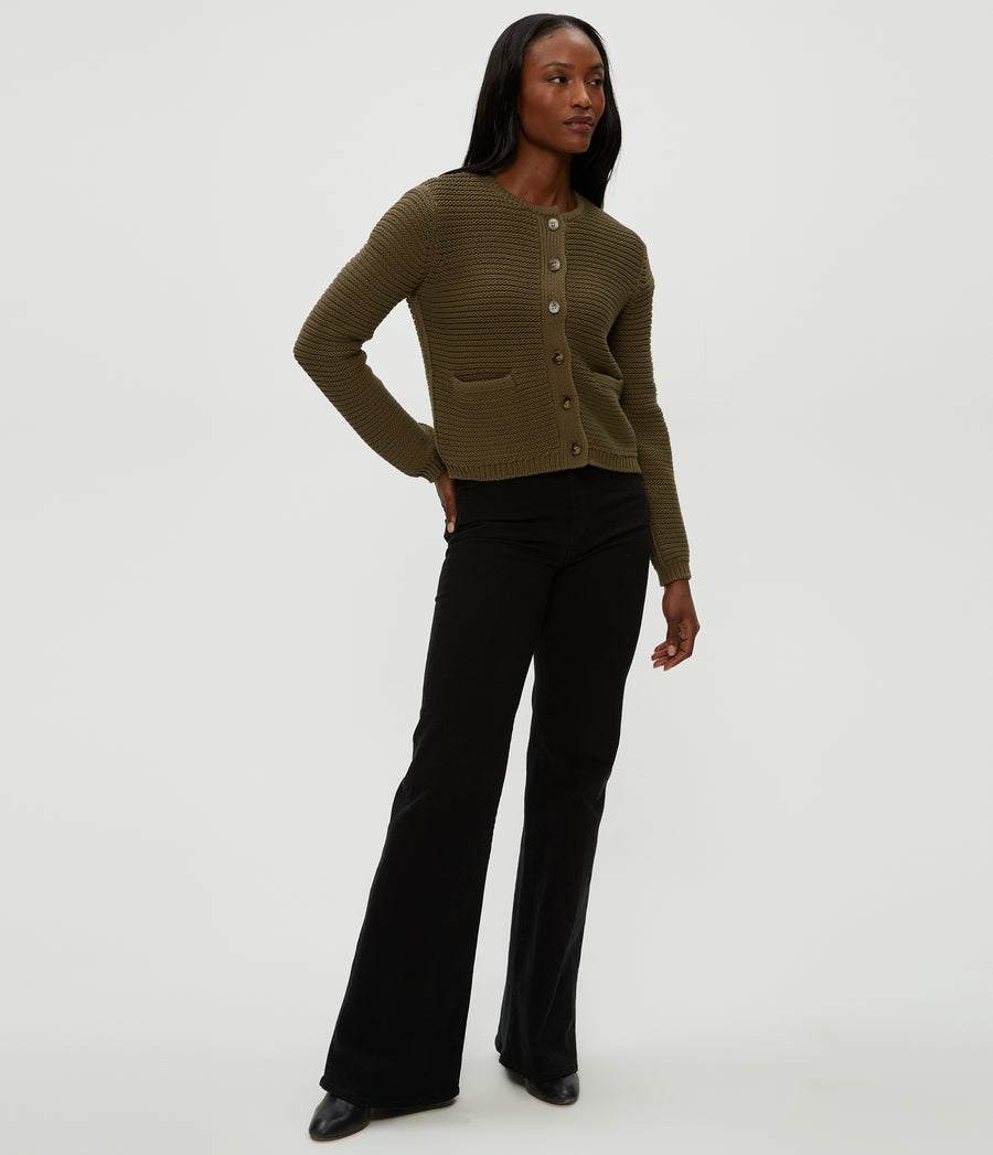 Kaden Crewneck Cardigan in Olive Green Full Body View #OLIVE