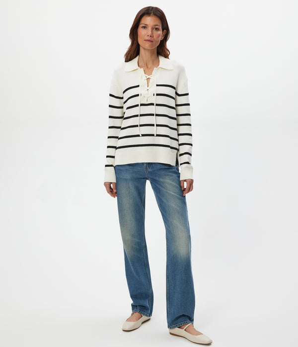 Adrienne Striped Pullover in IVORY Striped BLACK Full Body View #IVORY BLACK STRIPE