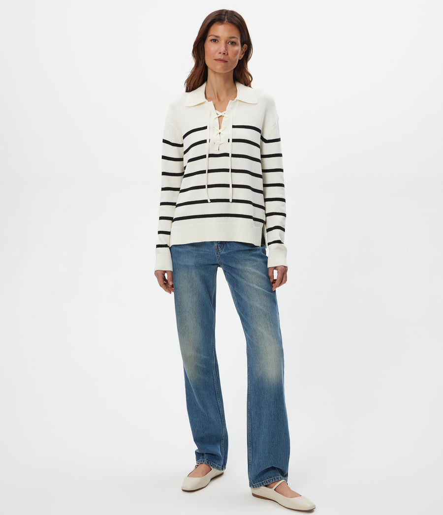 Adrienne Striped Pullover in IVORY Striped BLACK Full Body View #IVORY BLACK STRIPE
