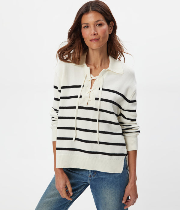 Adrienne Striped Pullover in IVORY Striped BLACK Close up View #IVORY BLACK STRIPE