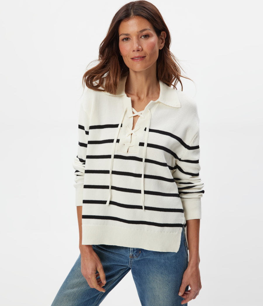 Adrienne Striped Pullover in IVORY Striped BLACK Close up View #IVORY BLACK STRIPE