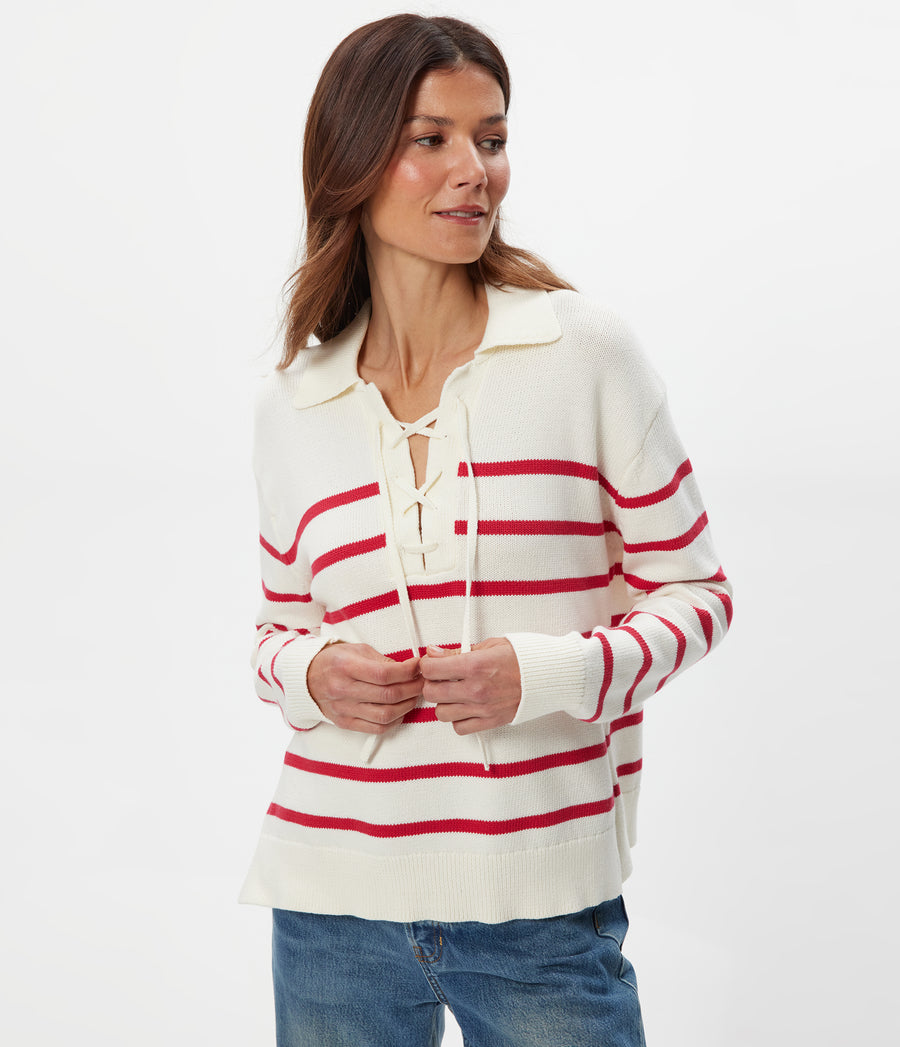 Adrienne Striped Pullover in IVORY Striped LACQUER RED Side View #IVORY LACQUER STRIPE