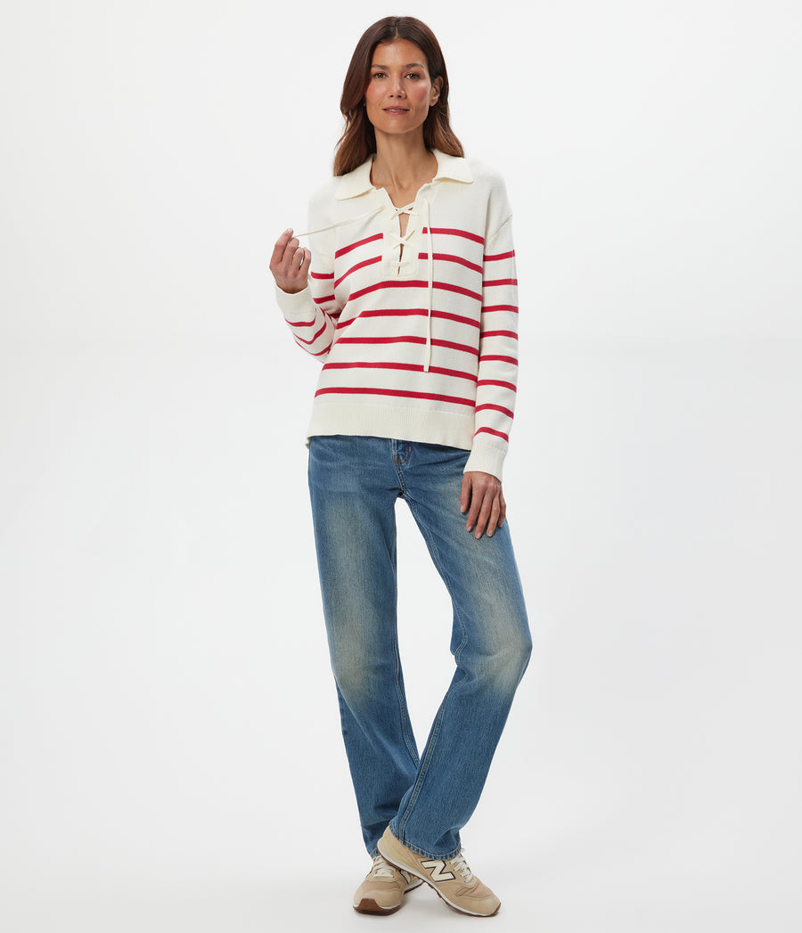 Adrienne Striped Pullover in IVORY Striped LACQUER RED Full Body View #IVORY LACQUER STRIPE