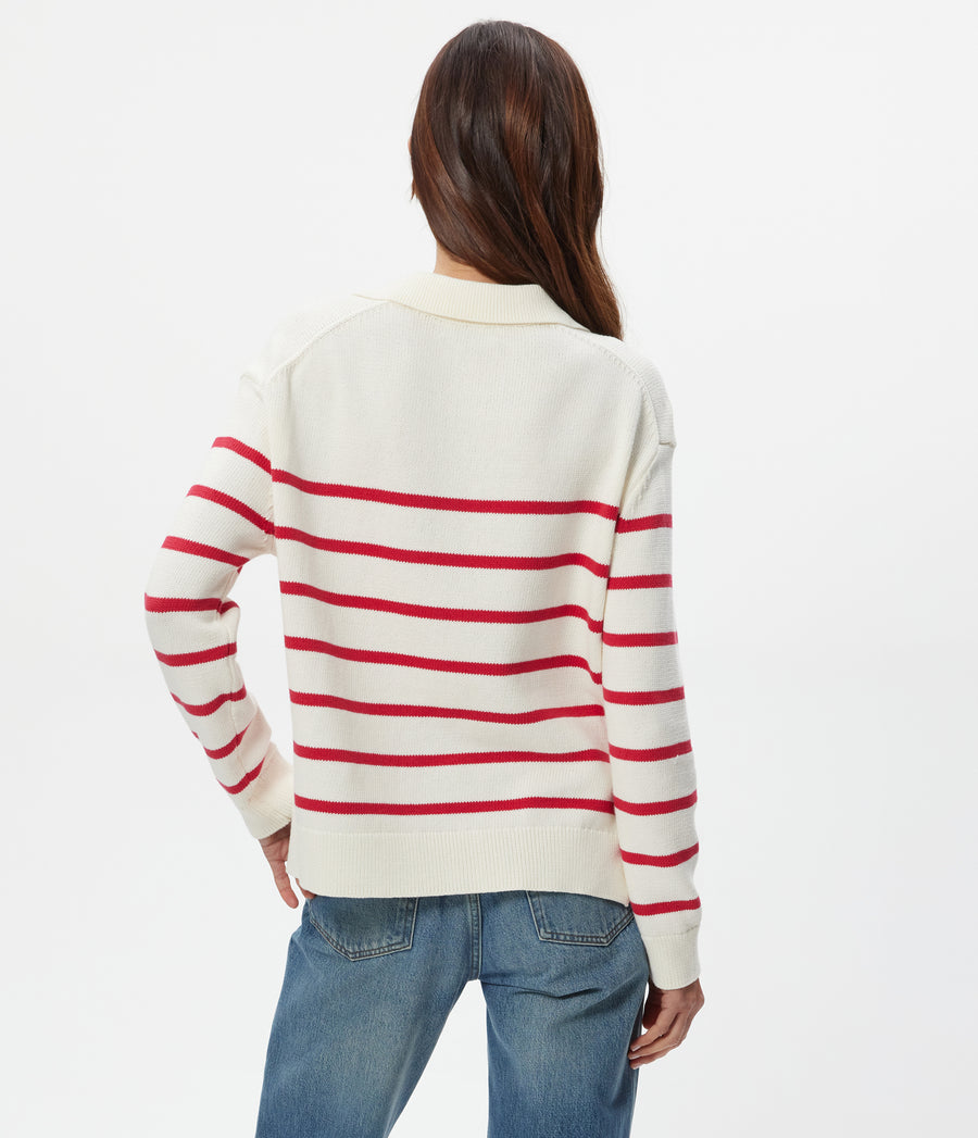 Adrienne Striped Pullover in IVORY Striped LACQUER RED Back View #IVORY LACQUER STRIPE