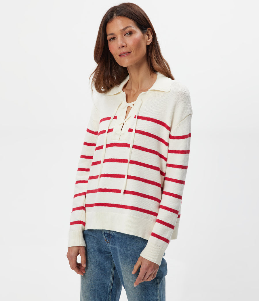 Adrienne Striped Pullover in IVORY Striped LACQUER RED Close up View #IVORY LACQUER STRIPE
