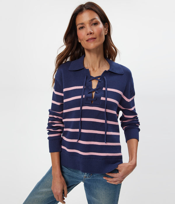 Adrienne Striped Pullover in Nocturnal Blue Striped DRAGONFRUIT PINK Close up View #NOCTURNAL STRIPE
