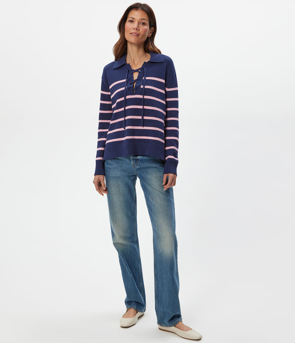 Adrienne Striped Pullover in Nocturnal Blue Striped DRAGONFRUIT PINK Full Body View #NOCTURNAL STRIPE