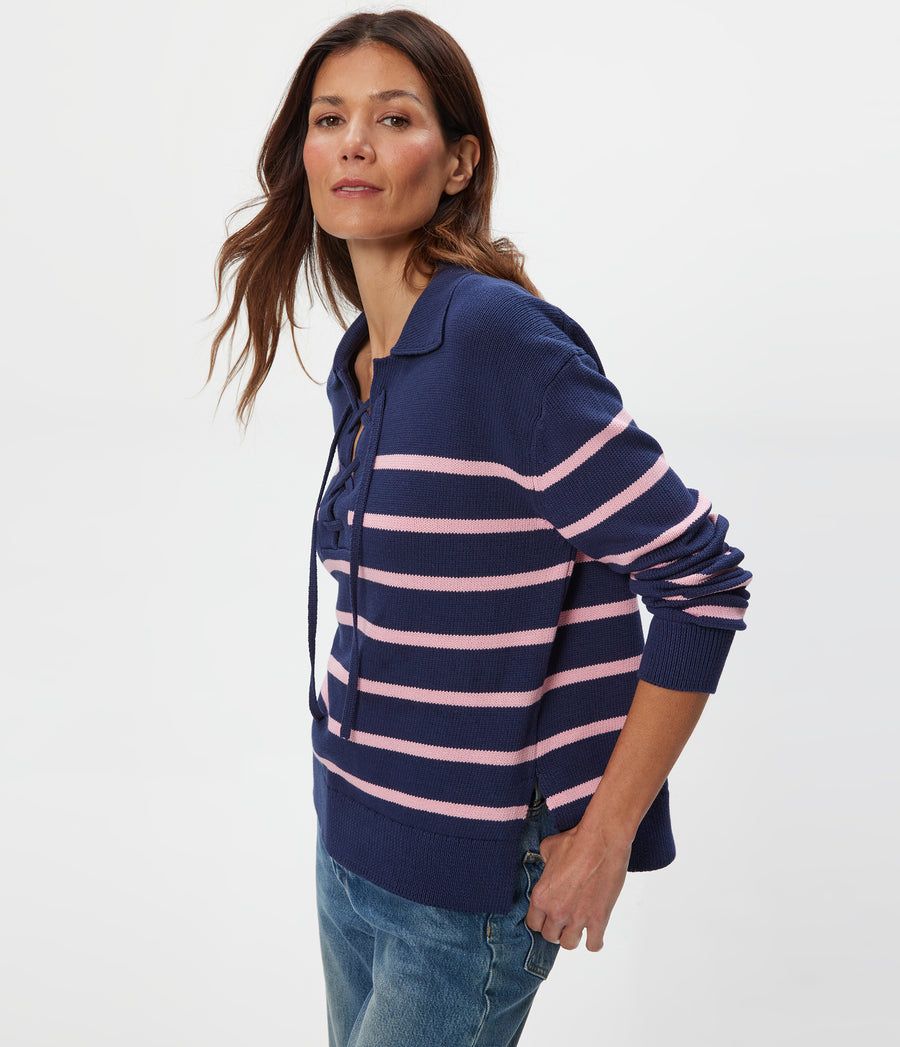 Adrienne Striped Pullover in Nocturnal Blue Striped DRAGONFRUIT PINK Side View #NOCTURNAL STRIPE
