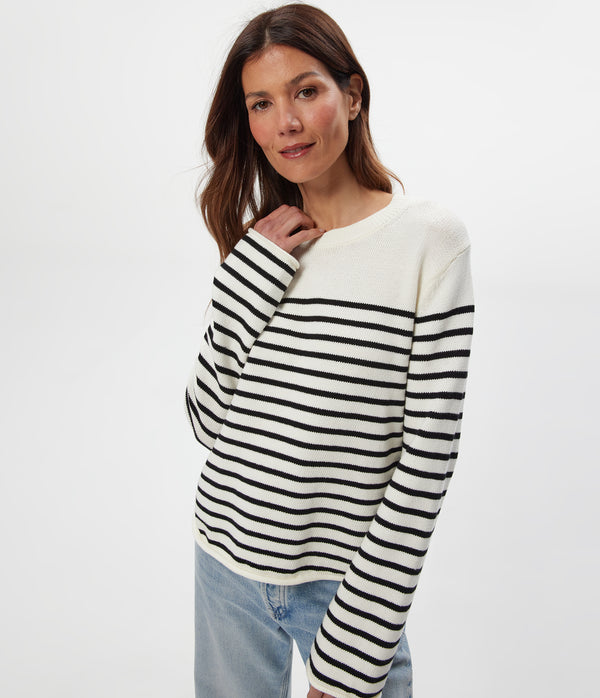 Mikaela Striped Pullover in IVORY Striped BLACK Close up View #IVORY BLACK STRIPE