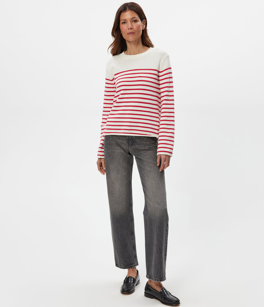 Mikaela Striped Pullover in IVORY Striped LACQUER RED Full Body View #IVORY LACQUER STRIPE