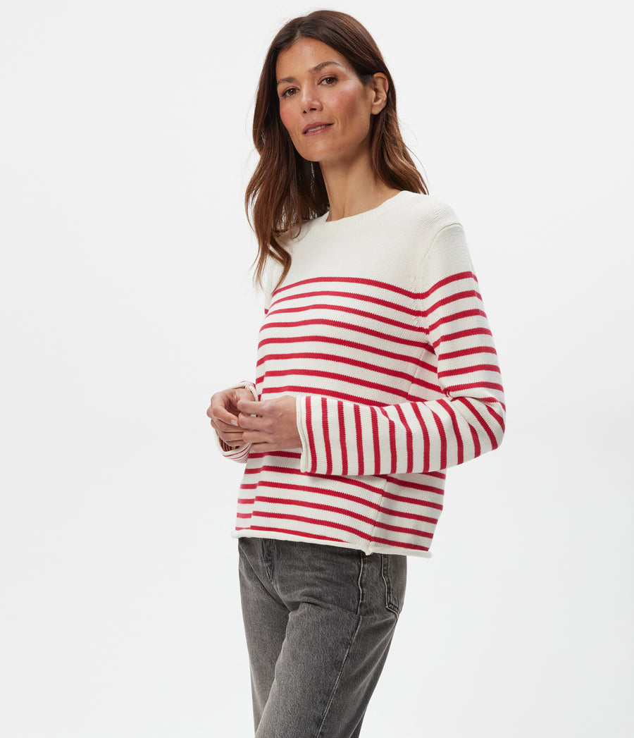 Mikaela Striped Pullover in IVORY Striped LACQUER RED Side View #IVORY LACQUER STRIPE