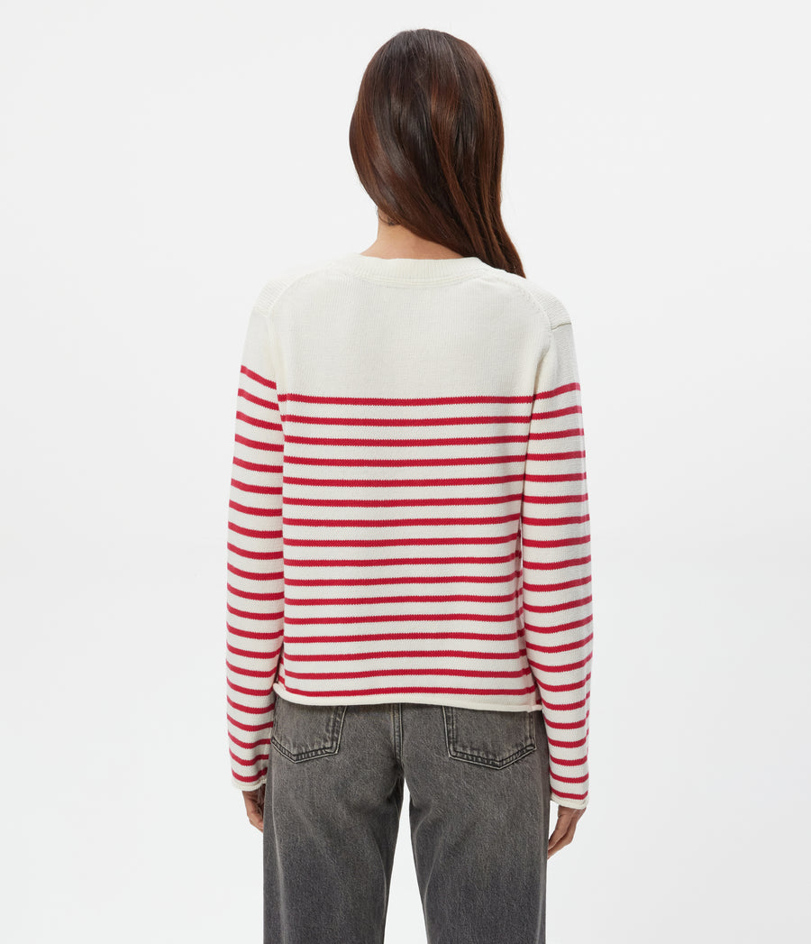 Mikaela Striped Pullover in IVORY Striped LACQUER RED Back View #IVORY LACQUER STRIPE