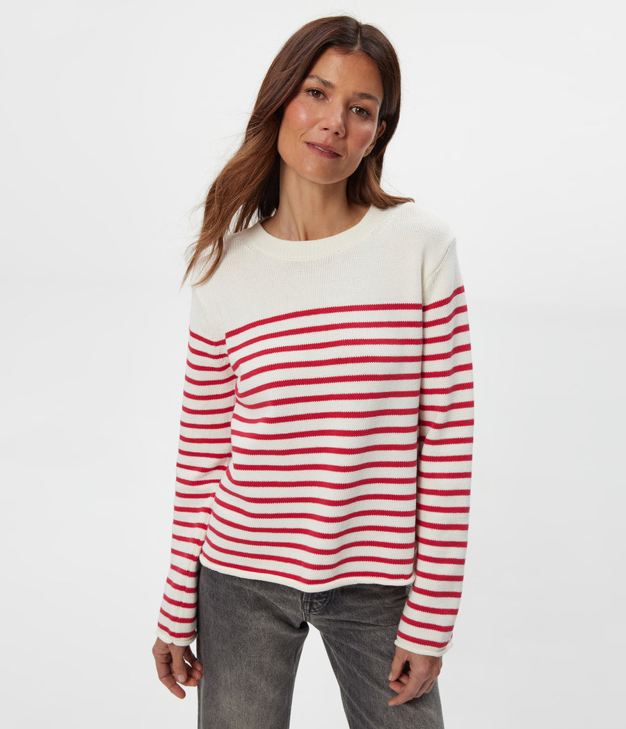 Mikaela Striped Pullover in IVORY Striped LACQUER RED Close up View #IVORY LACQUER STRIPE
