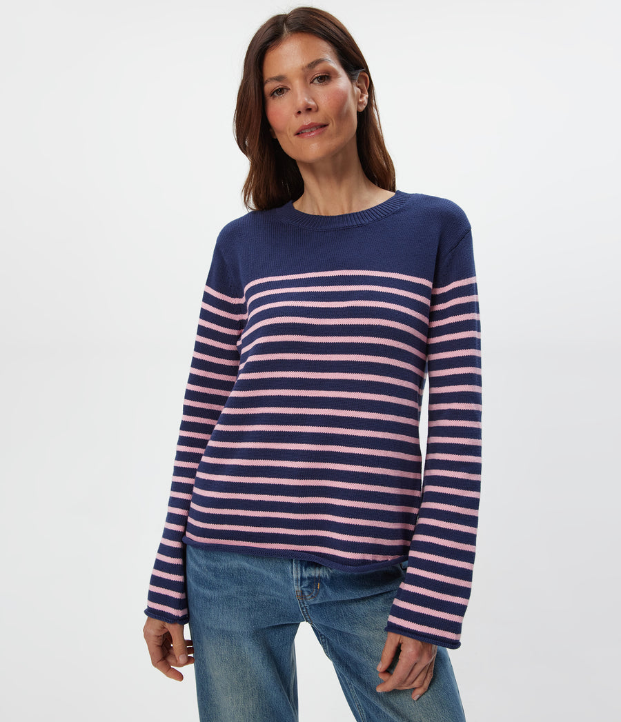 Mikaela Striped Pullover in Nocturnal Blue Striped DRAGONFRUIT PINK Close up View #NOCTURNAL STRIPE
