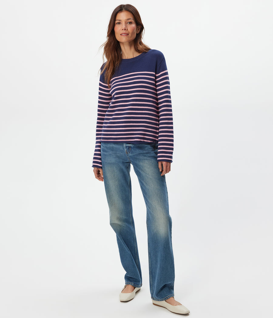 Mikaela Striped Pullover in Nocturnal Blue Striped DRAGONFRUIT PINK Full Body View #NOCTURNAL STRIPE