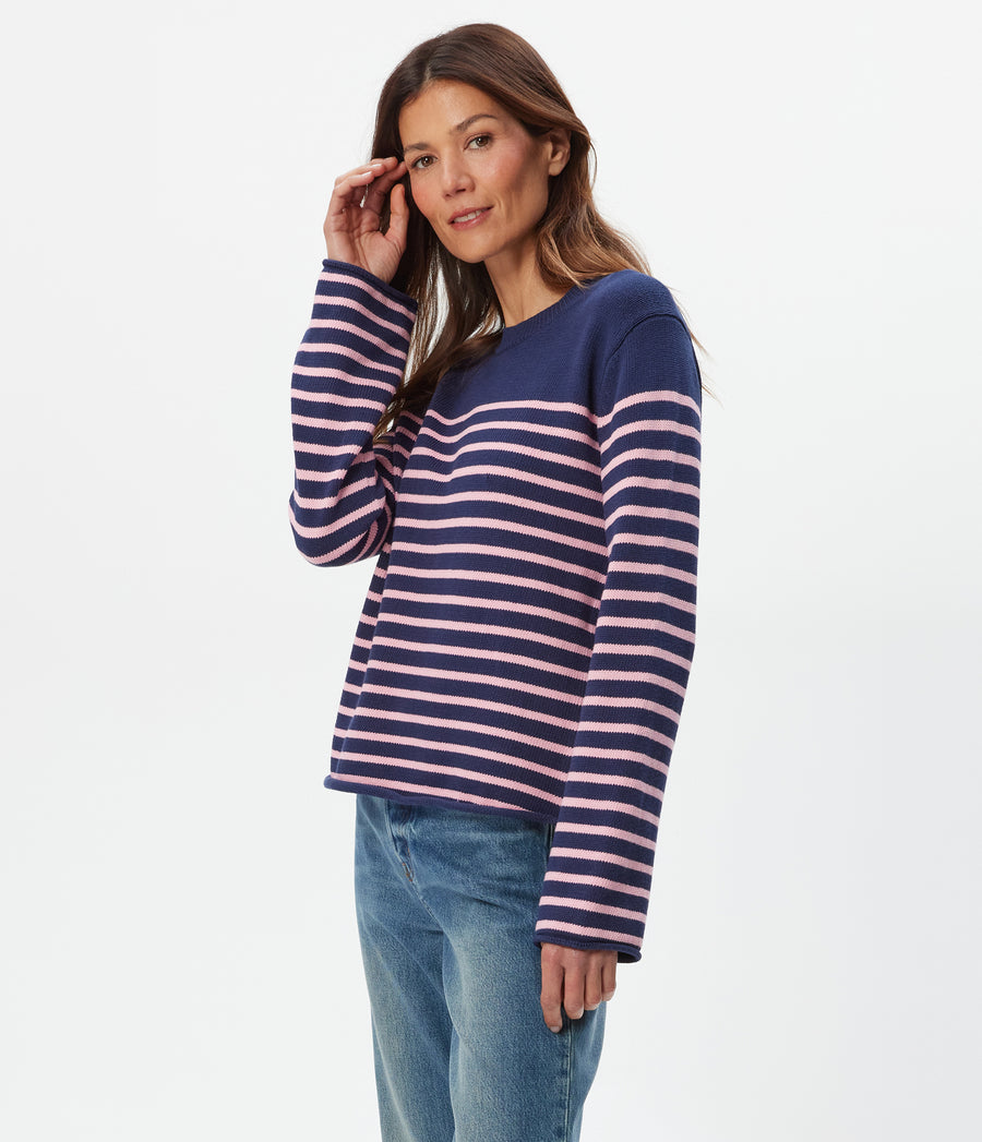 Mikaela Striped Pullover in Nocturnal Blue Striped DRAGONFRUIT PINK Side View #NOCTURNAL STRIPE