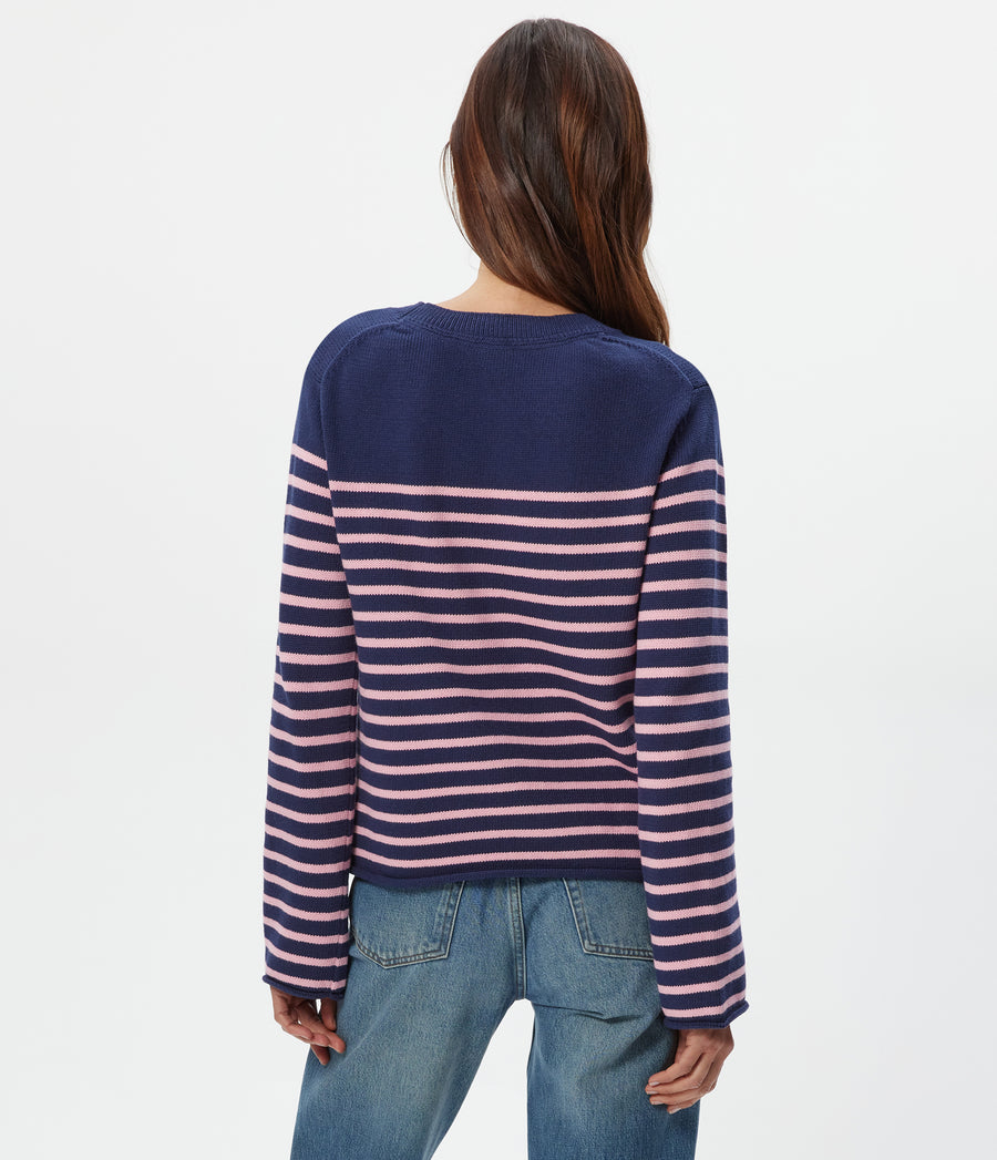Mikaela Striped Pullover in Nocturnal Blue Striped DRAGONFRUIT PINK Back View #NOCTURNAL STRIPE