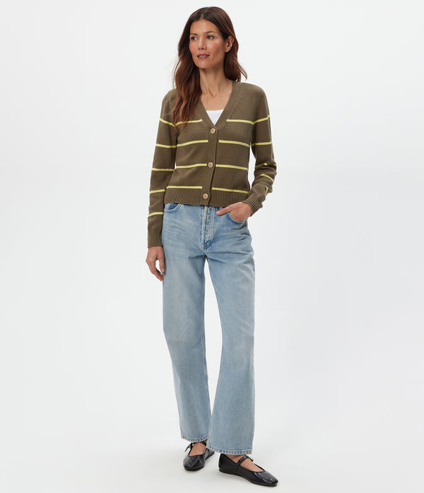 Tracey Striped Cardigan in Caper Green Striped BUTTERCUP YELLOW Full Body View #CAPER STRIPE