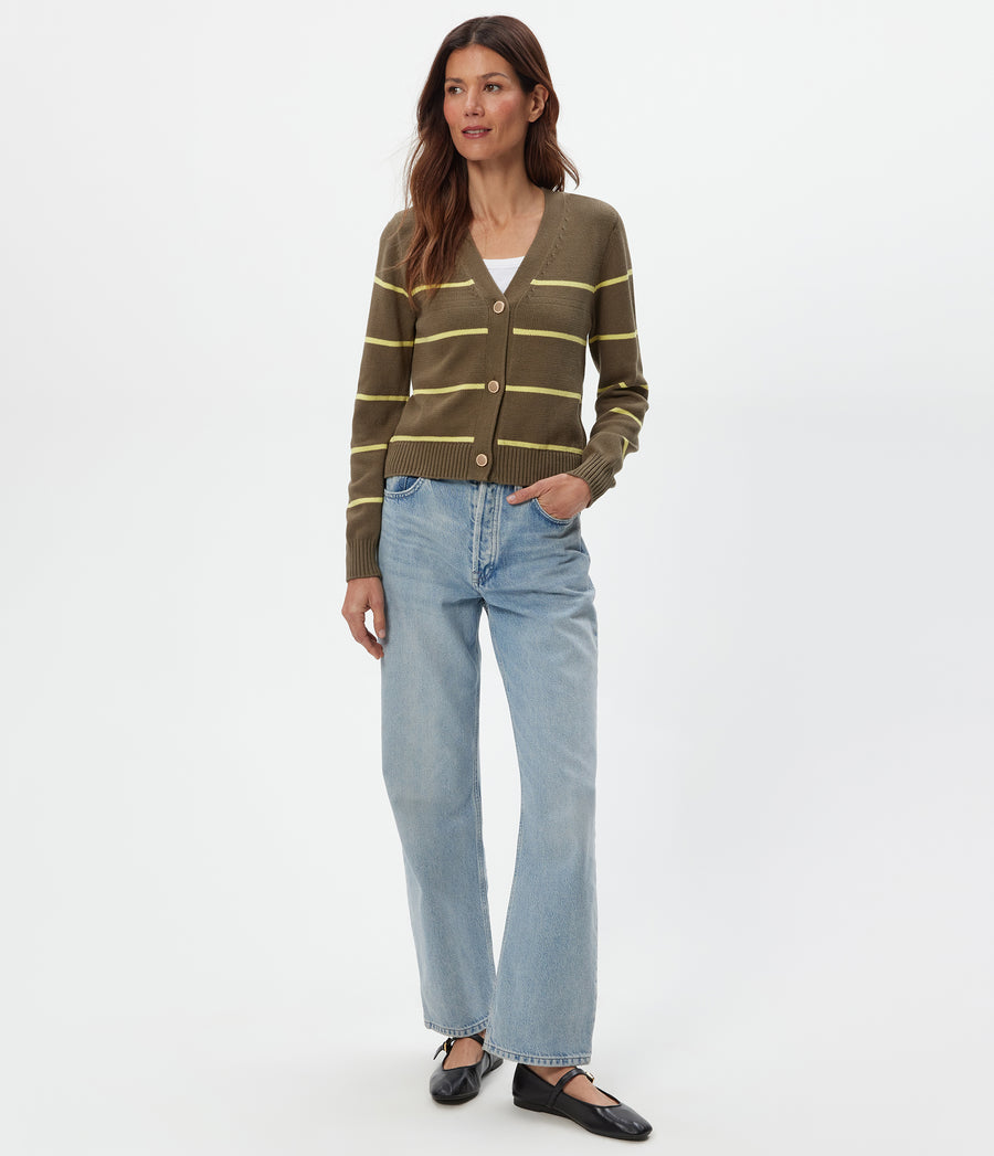 Tracey Striped Cardigan in Caper Green Striped BUTTERCUP YELLOW Full Body View #CAPER STRIPE