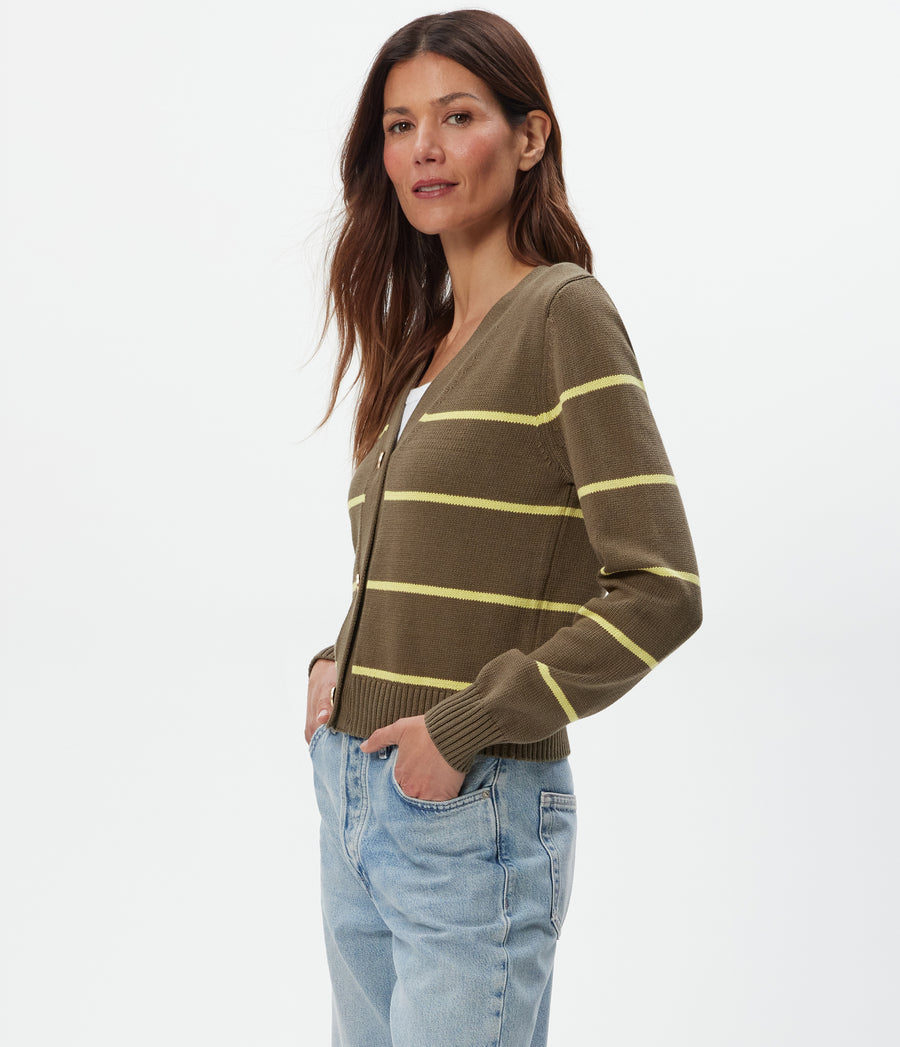 Tracey Striped Cardigan in Caper Green Striped BUTTERCUP YELLOW Side View #CAPER STRIPE
