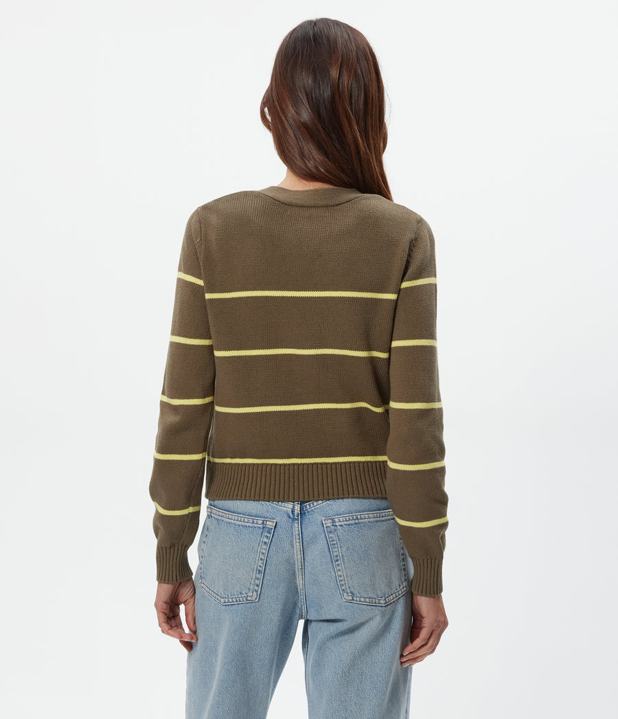 Tracey Striped Cardigan in Caper Green Striped BUTTERCUP YELLOW Back View #CAPER STRIPE