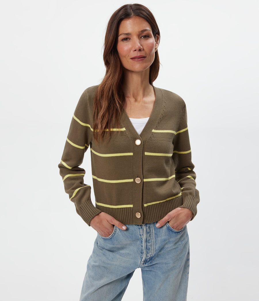 Tracey Striped Cardigan in Caper Green Striped BUTTERCUP YELLOW Close up View #CAPER STRIPE