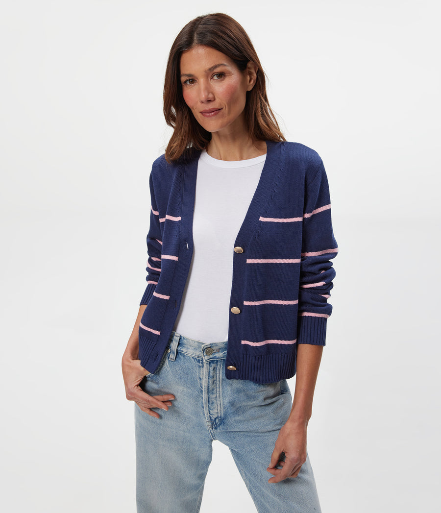 Tracey Striped Cardigan in NOCTURNAL BLUE Stripe DRAGONFRUIT PINK Close up View #NOCTURNAL STRIPE