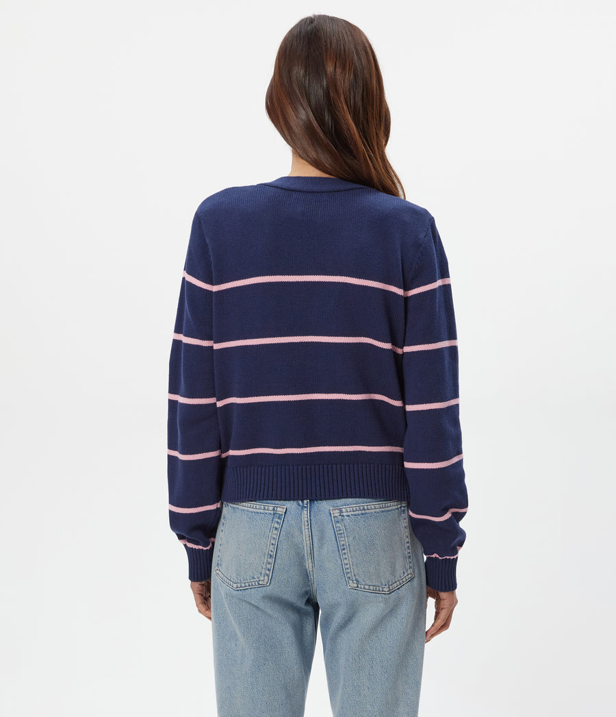 Tracey Striped Cardigan in NOCTURNAL BLUE Stripe DRAGONFRUIT PIN Back View #NOCTURNAL STRIPE