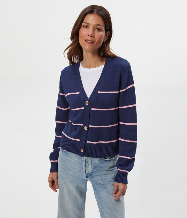 Tracey Striped Cardigan in NOCTURNAL BLUE Stripe DRAGONFRUIT PINK Side View #NOCTURNAL STRIPE