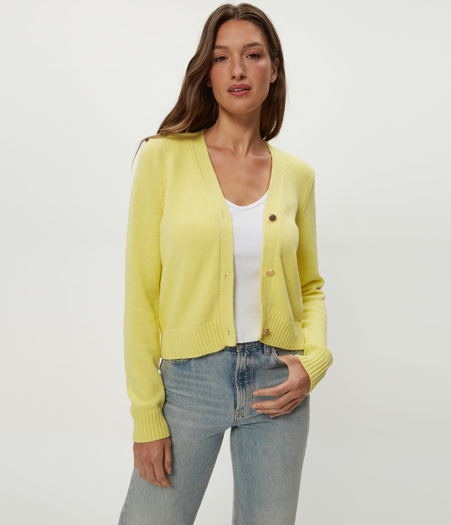 Tracey Cropped Cardigan in BUTTERCUP Yellow Close Up View #BUTTERCUP