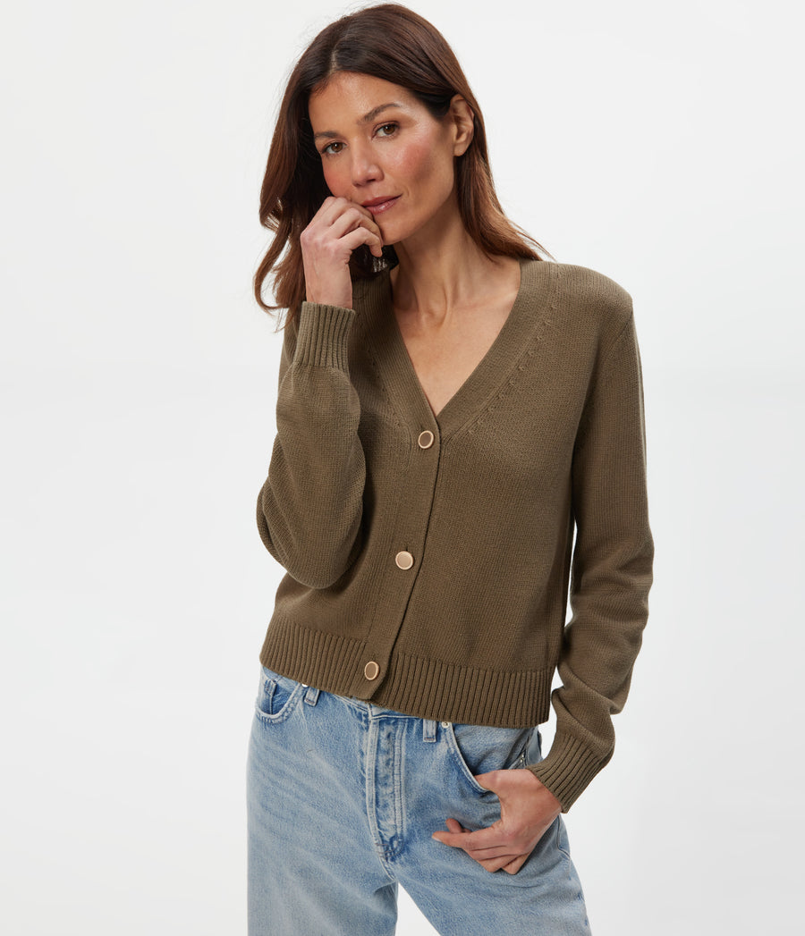 Tracey Buttondown Crop Cardigan in CAPER Green Close up View #CAPER