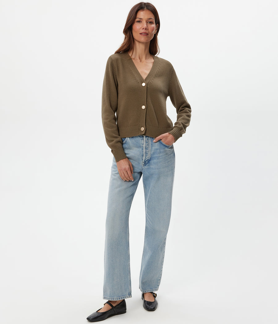 Tracey Buttondown Crop Cardigan in CAPER Green Full Body View #CAPER