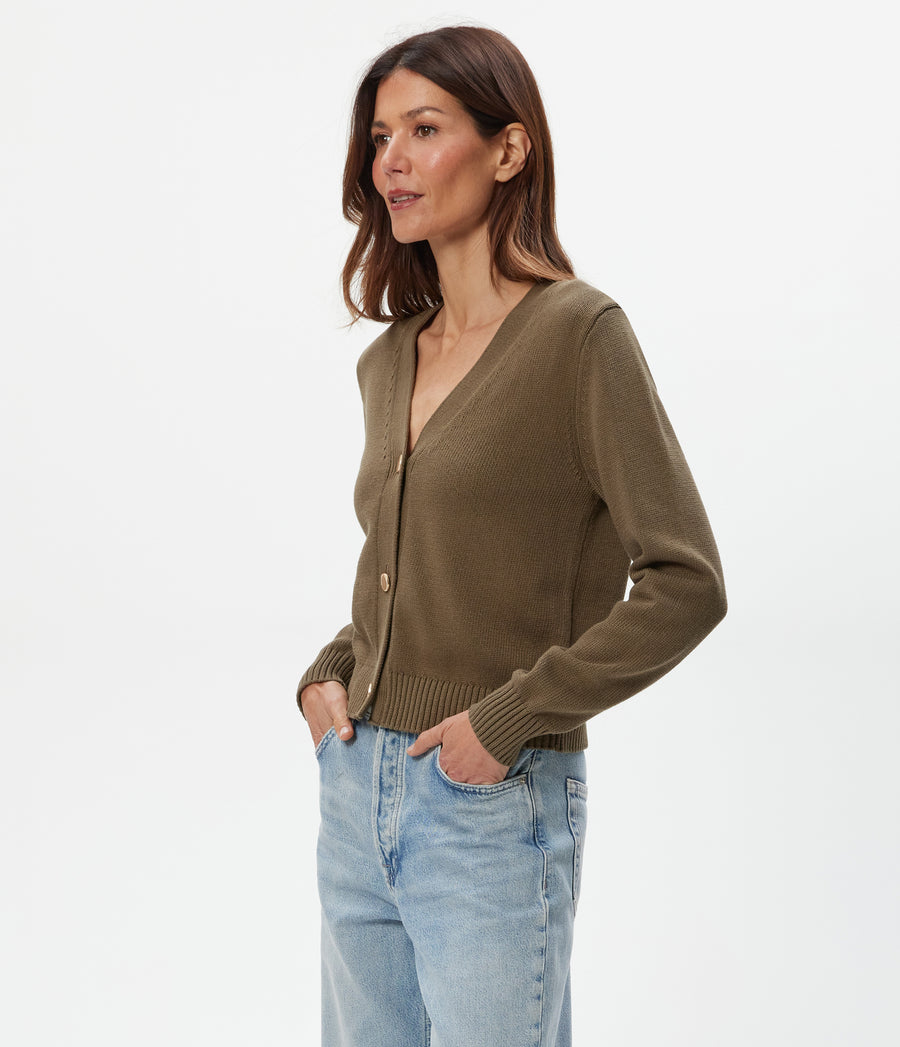 Tracey Buttondown Crop Cardigan in CAPER  Green Side View #CAPER
