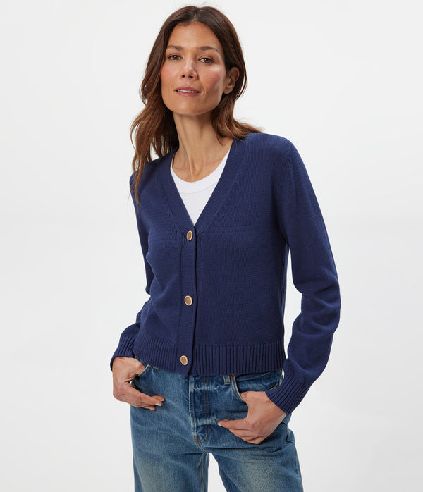 Tracey Buttondown Crop Cardigan in Nocturnal Blue Close up View  #NOCTURNAL