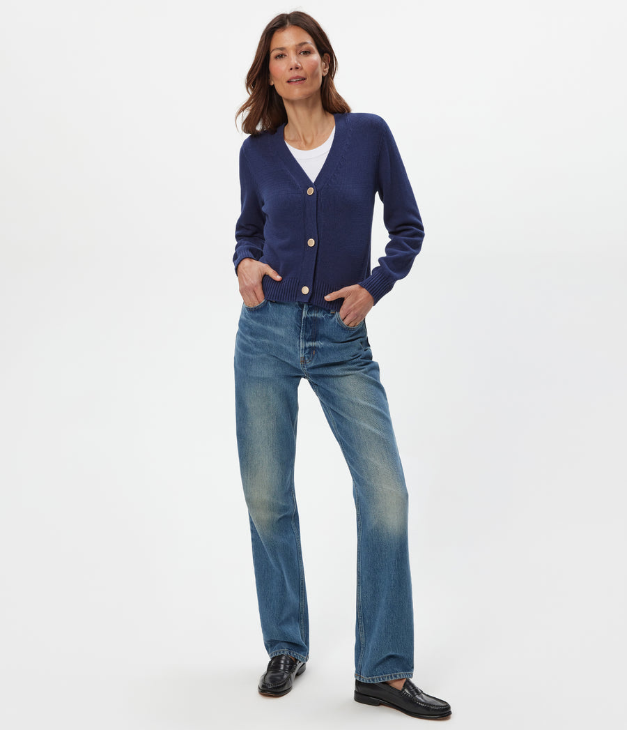 Tracey Buttondown Crop Cardigan in Nocturnal Blue Full Body View #NOCTURNAL