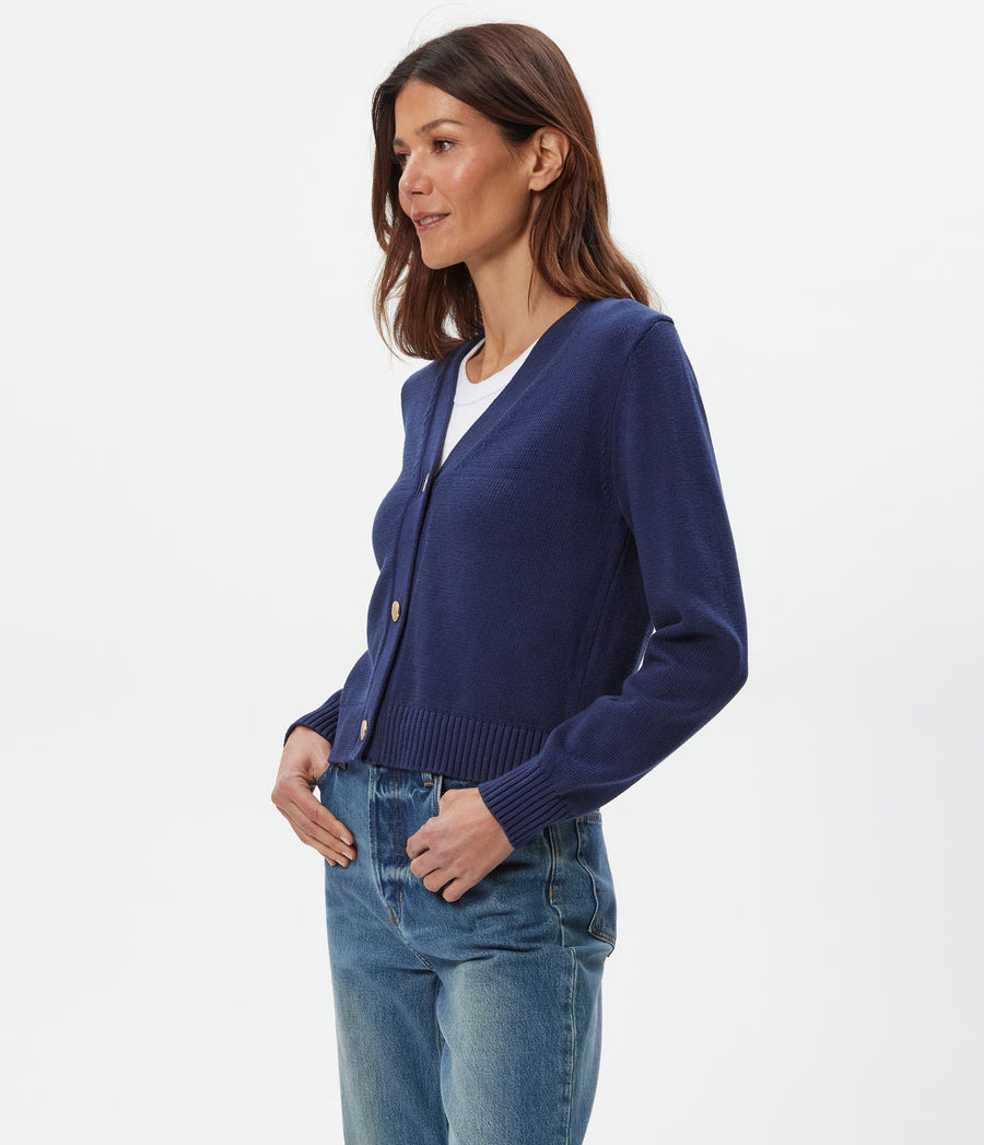 Tracey Buttondown Crop Cardigan in Nocturnal Blue Side View #NOCTURNAL