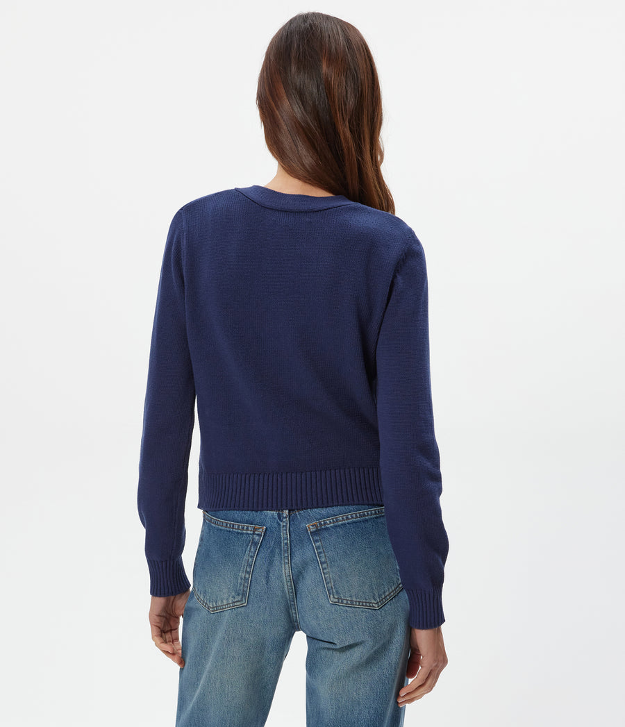 Tracey Buttondown Crop Cardigan in Nocturnal Blue Back View  #NOCTURNAL