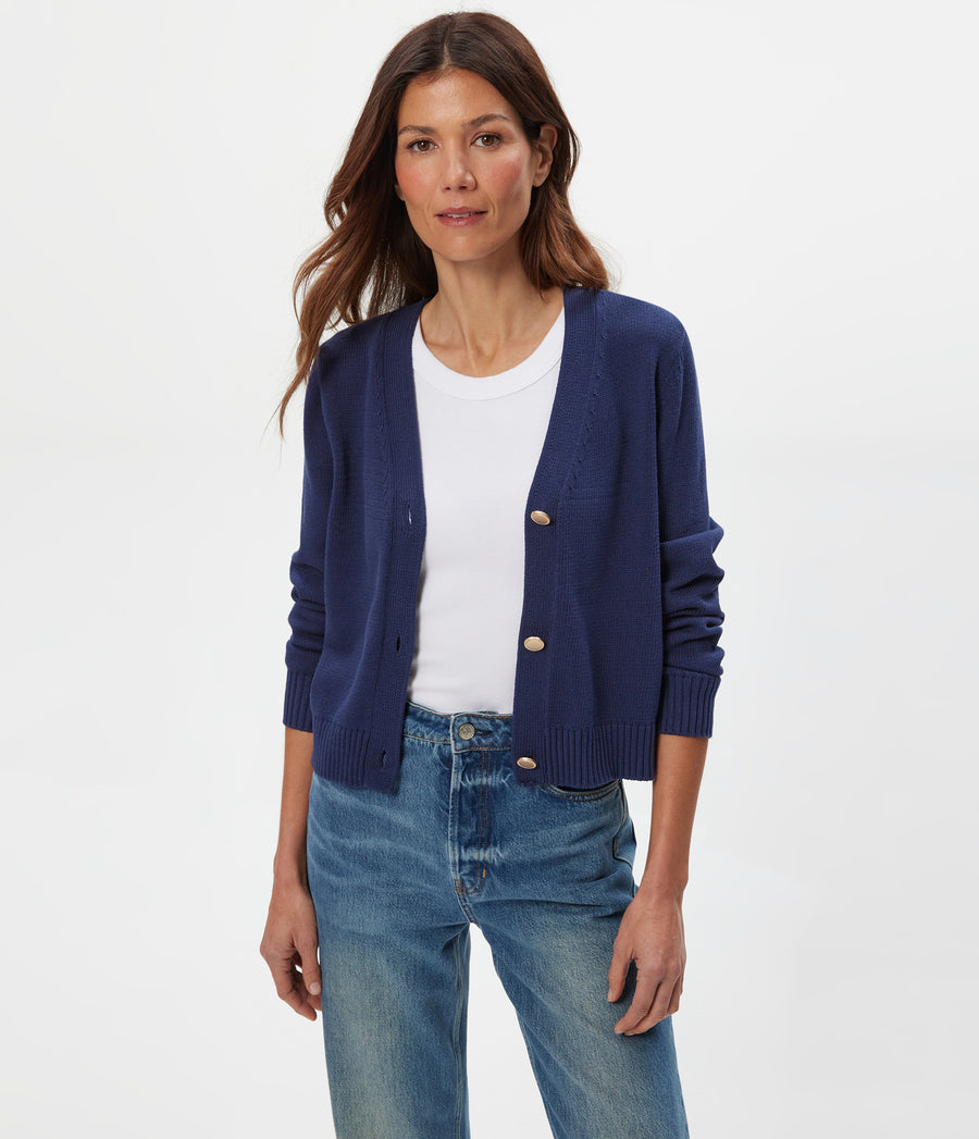 Tracey Buttondown Crop Cardigan in Nocturnal Blue Close up View  #NOCTURNAL