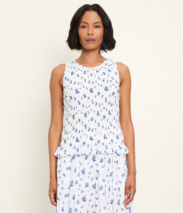 Marsha Smocked Floral Tank in BLUE RIBBON FLORAL Full Body View #BLUE RIBBON FLORAL