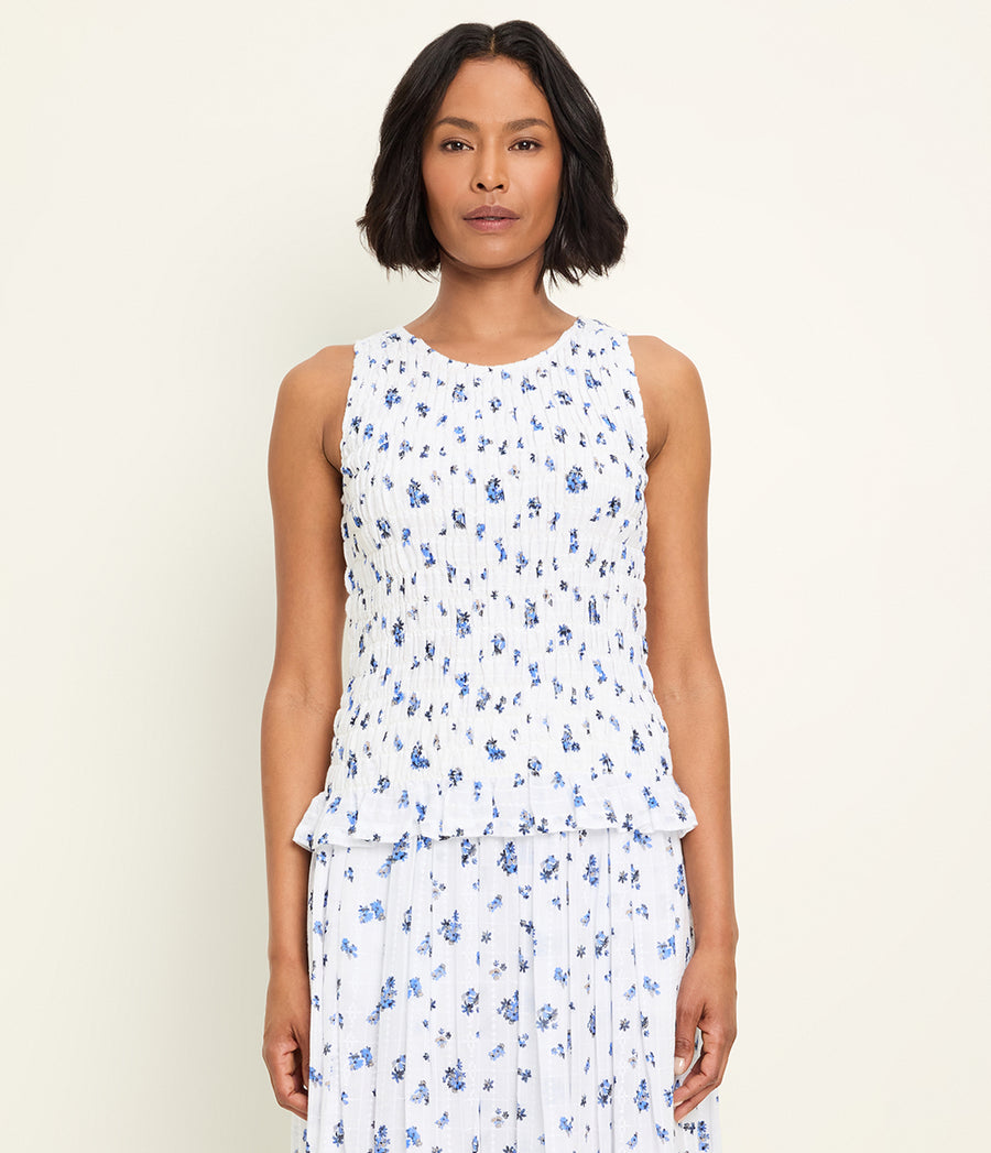 Marsha Smocked Floral Tank in BLUE RIBBON FLORAL Full Body View #BLUE RIBBON FLORAL