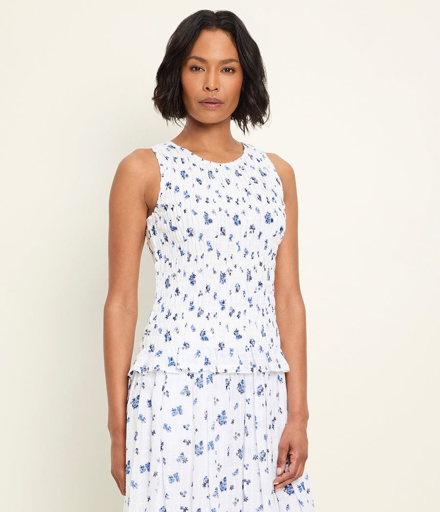 Marsha Smocked Floral Tank in BLUE RIBBON FLORAL Full Body View #BLUE RIBBON FLORAL