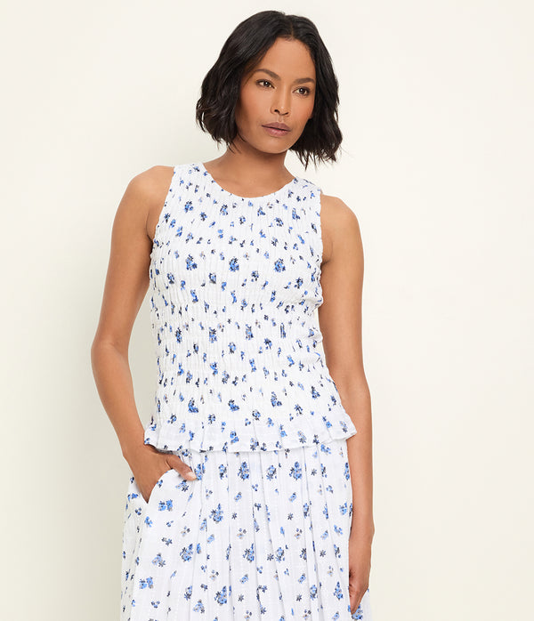 Marsha Smocked Floral Tank in BLUE RIBBON FLORAL Full Body View #BLUE RIBBON FLORAL